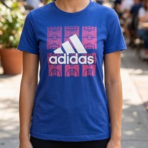 Adidas Graphic T-Shirt Blue Pink Basketball Court Logo Crew Neck NEW
